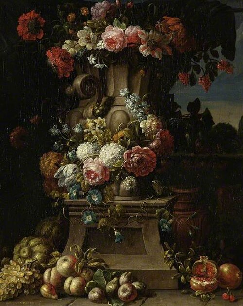 A vase of flowers with fruit in a landscape, , Gaspar Peeter Verbruggen le jeune
