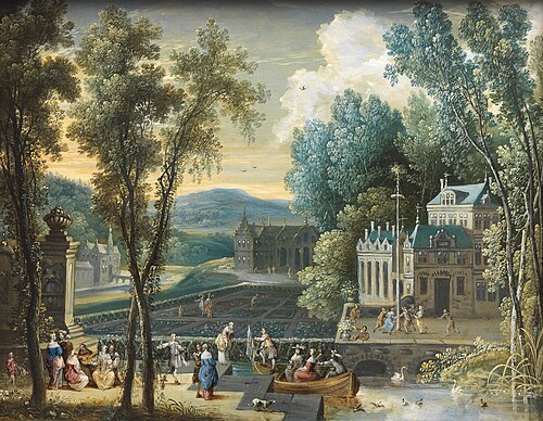 Spring: elegant figures on a boating lake, others dancing around a Maypole, 1650, Gaspar de Witte