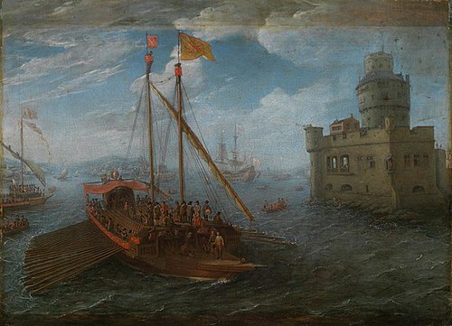 Southern harbor with fortifications and a galley, 1650, Kasper van Eyck