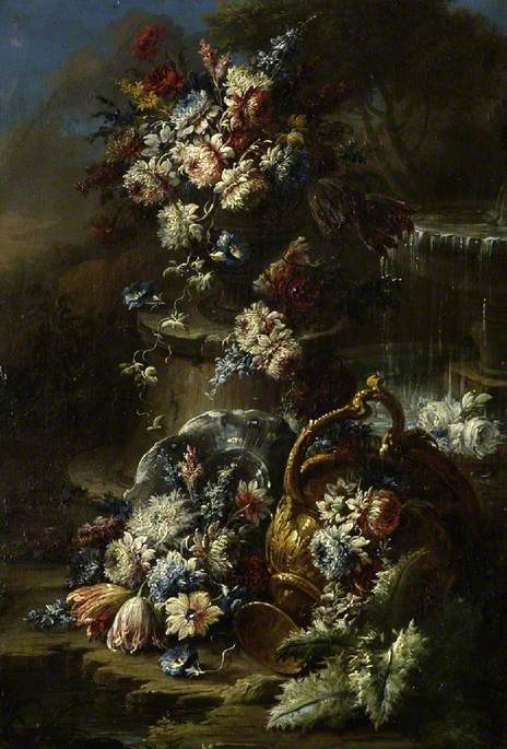 Flowers in a landscape with overturned urn, , Gasparo Lopez