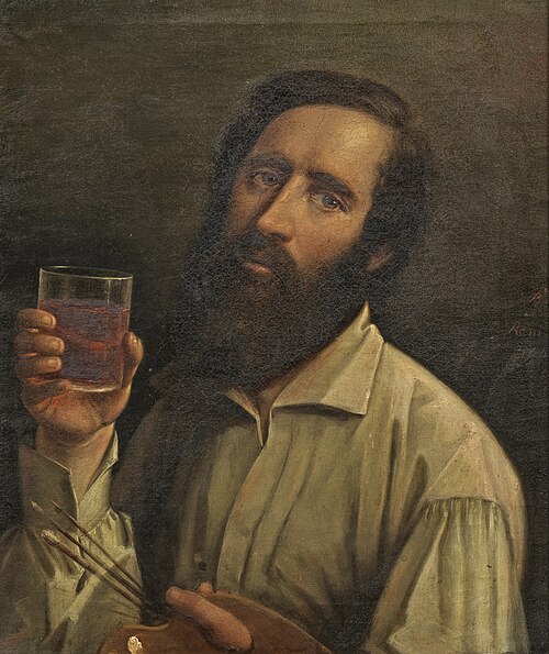 Selbstbildnis mit Palette und Weinbecher, 1854, , Bernhard Plockhorst