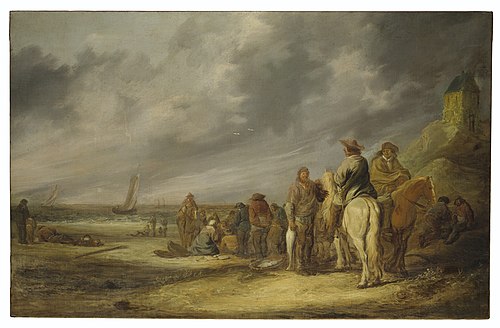 Fisherfolk and horsemen on a beach, , Benjamin Gerritsz Cuyp