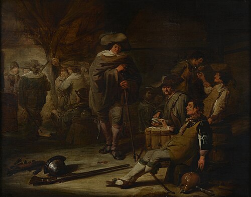 Interieur met drinkende soldaten bij kaartspel, , Benjamin Gerritsz Cuyp