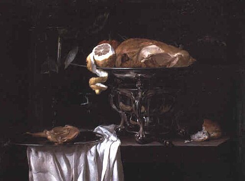 Still life of roast guinea-fowl with citrus fruit in a chafing-dish, 1650, Willem van Aelst