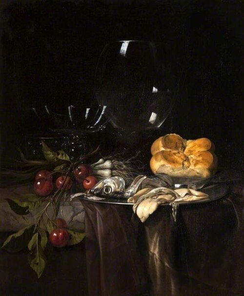 Still Life: Herring, Cherries and Glassware, 1680, Willem van Aelst