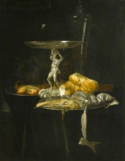 Still Life of a Silver Tazza with a Wine Glass, Crab, Herring, Bread and Onion on Pewter Dishes with, 1682, Willem van Aelst
