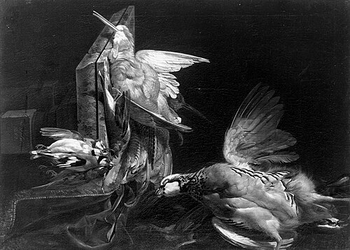 Still life with snipes, goldfinches and rock partridges, 1653, Willem van Aelst