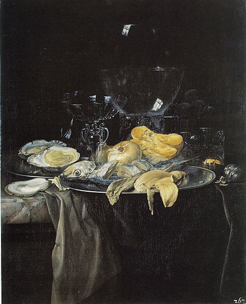 Seafood, Onion, and Glassware, 1679, Willem van Aelst
