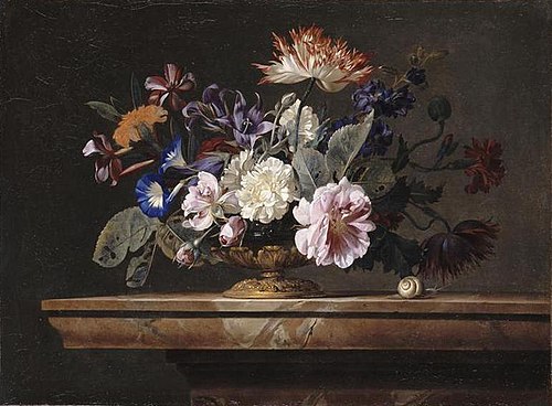 Flowers in a glass vase with metal mounted foot on a marble ledge, 1675, Willem van Aelst
