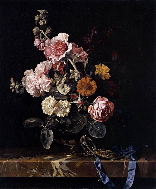 Flowers in a Glass Vase with a Watch, on a Marble Ledge, 1656, Willem van Aelst