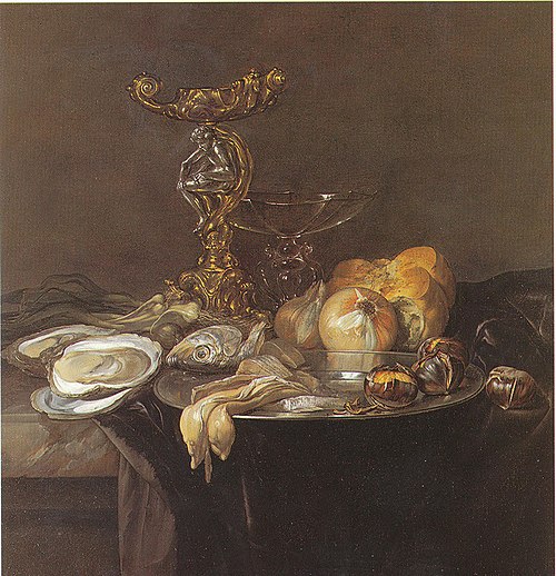 Still life with Orpheus salt cellar, fish, onions, bread, chestnuts and oysters, ca. 1680, 1680, Willem van Aelst