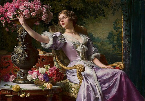 A lady in a lilac dress with flowers (For him)., 1903, Władysław Czachórski
