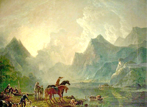 Llanberis lake and Dolbarden Castle painted, 1777, George Barret