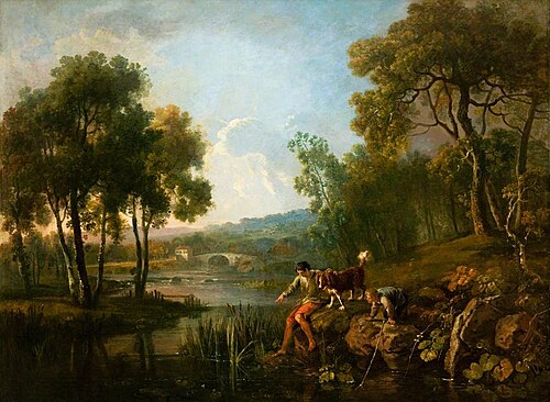 Landscape with Two Boys and a Dog by a River, , George Barret, Sr.