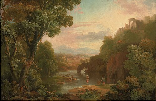 A classical landscape with fishermen and a washerwoman, a hilltop villa and mountains beyond, , George Barret, Sr.