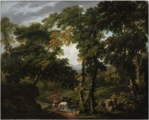 A Wooded River Landscape with Figures and Horses at a Ford and Fallow Deer in a Clearing, 1775, George Barret, Sr.