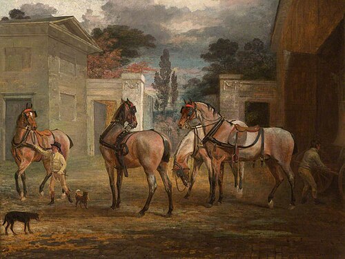 Four Roan Coach Horses with Two Grooms, 1792, George Garrard