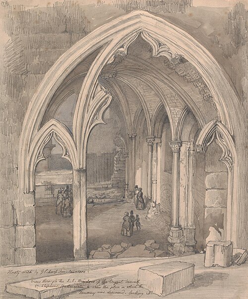 View through the South East Window of the Crypt beneath St Stephen's, Westminster, 1852, George Scharf