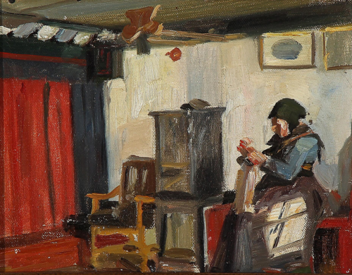 Interior with a woman knitting by the stove., 1895, Georg Nicolai Achen