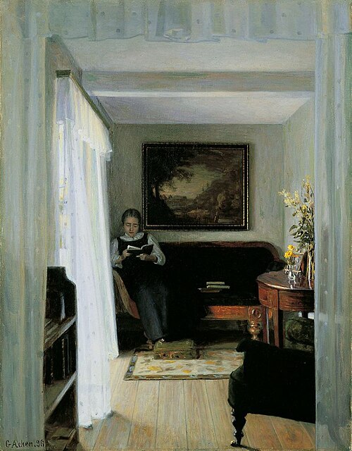 Interior with reading woman, 1896, Georg Nicolai Achen