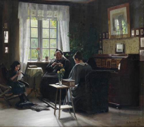 Mother, daughter and granddaughter knitting., 1897, Georg Nicolai Achen