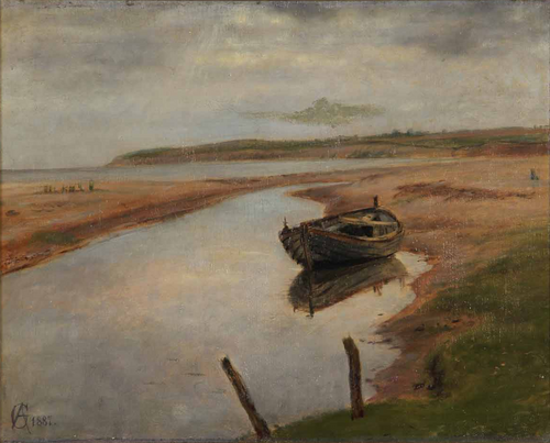 View of a coast with a dinghy., 1887, Georg Nicolai Achen