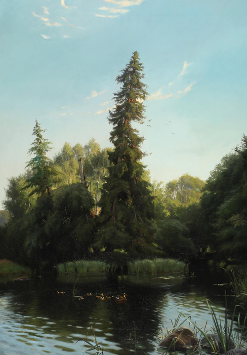 Scenery from a forest lake with ducks and ducklings., 1895, Georg Nicolai Achen
