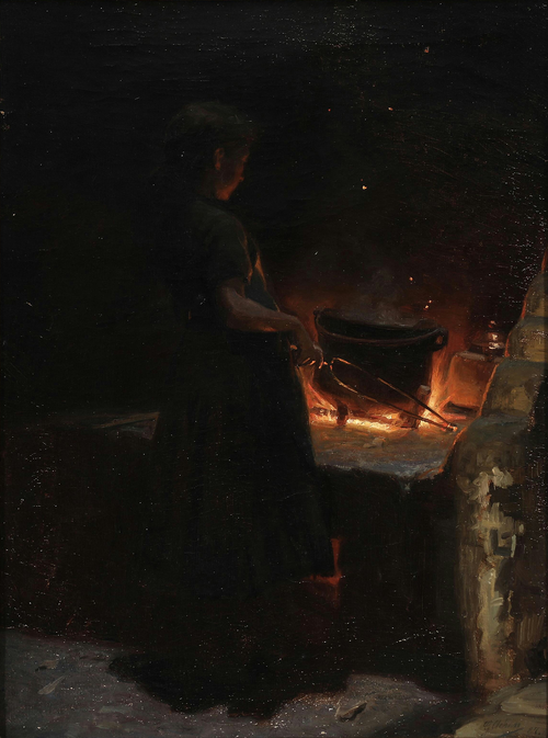 A girl watching the fire in a farmer's kitchen., 1887, Georg Nicolai Achen