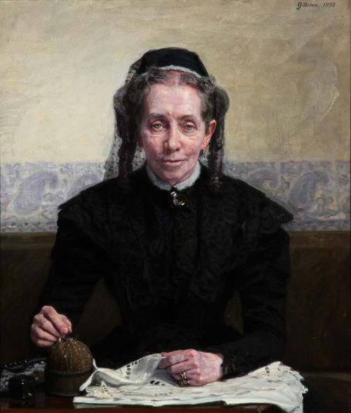 Portrait of a woman in black with her needlework., 1905, Georg Nicolai Achen