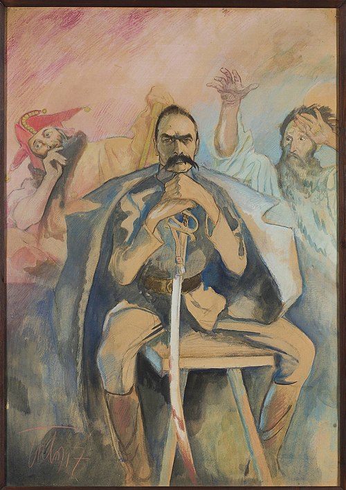 Portret Józefa Piłsudskiego z Wernyhorą i Stańczykiem, 1917, Kazimierz Sichulski