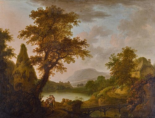 Lake scene with a cottage and a group of figures, , George Mullins