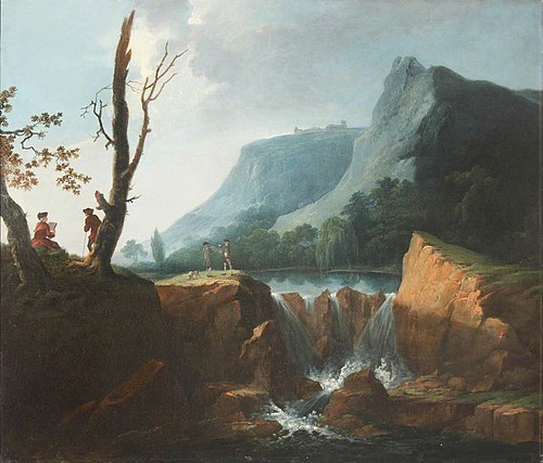Wooded River Landscape with Elegant Figures by a Waterfall, 1765, George Mullins