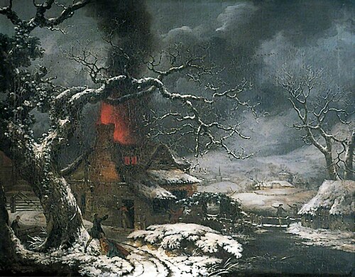 Wintry Scene with a Burning Cottage in the Foreground, 1753, George Smith