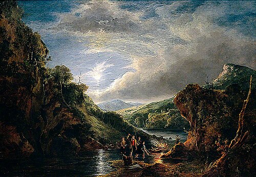 Entrance to Loch Katrine, Moonlight, Highlanders Spearing Salmon, 1825, George Vincent