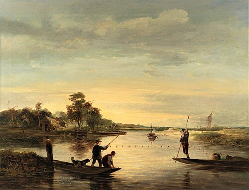 A view on the broads with men fishing from punts, , George Vincent