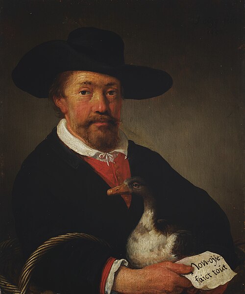 A man wearing a hat and holding a goose and letter, , Jacob Cuyp