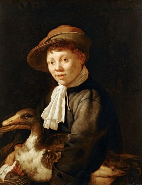 Portrait of a boy with a duck and a basket (myn oye faict tout), 1650, Jacob Cuyp