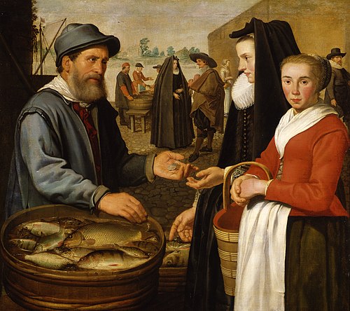 Woman with servant buying fish from a market trader, 1627, Jacob Cuyp