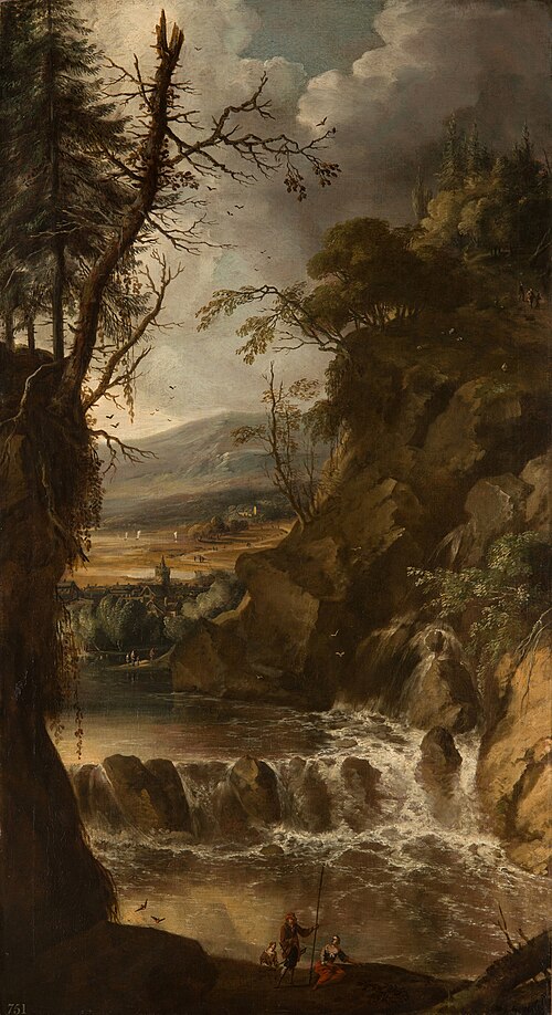 Landscape with a Waterfall and Figures, 1690, Gerard Edema