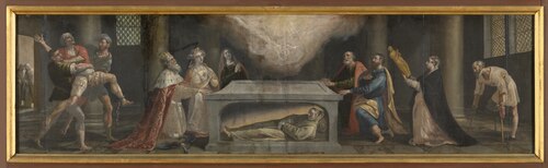Hendrik IV van Castilië en zijn dochter vinden genezing aan de heilige Didacus' graf, 1595, Maarten de Vos