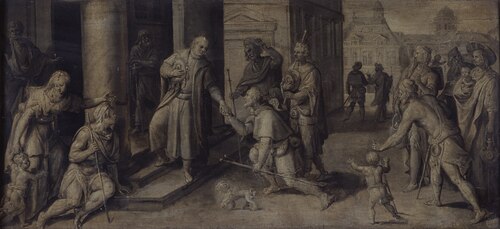 Saint Luke Giving three Pilgrims Alms, 1588, Maarten de Vos