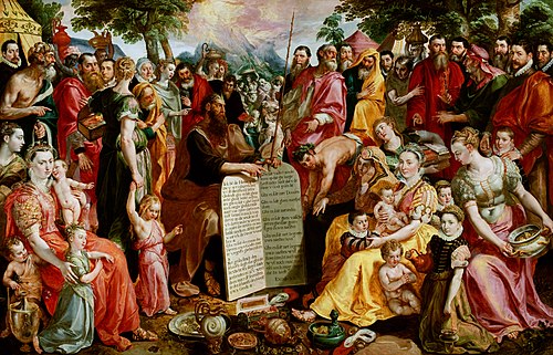 Moses Showing the Tablets of the Law to the Israelites, with Portraits of Members of the Panhuys Fam, 1575, Maarten de Vos