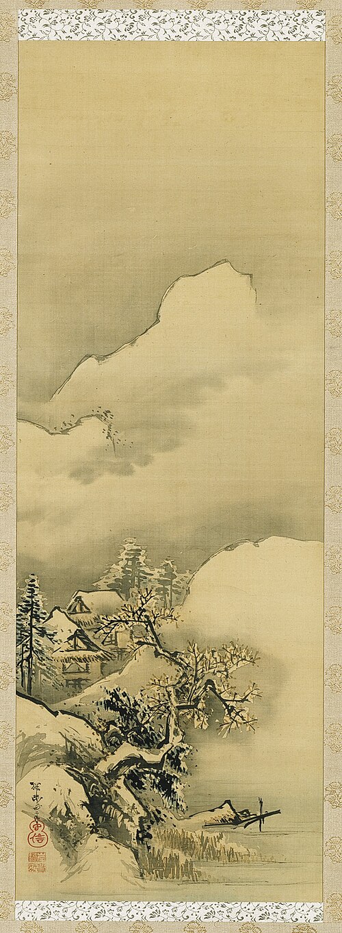 Houses and Trees beneath Snowy Mountains, , Ganku