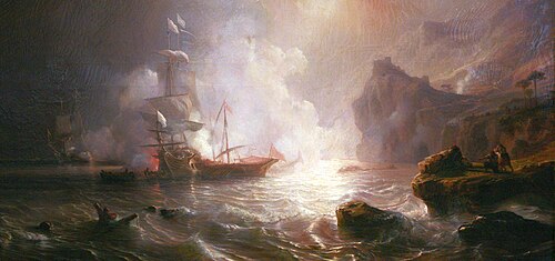 Combat d'un vaisseau français et de deux galères barbaresques, 1858, Théodore Gudin