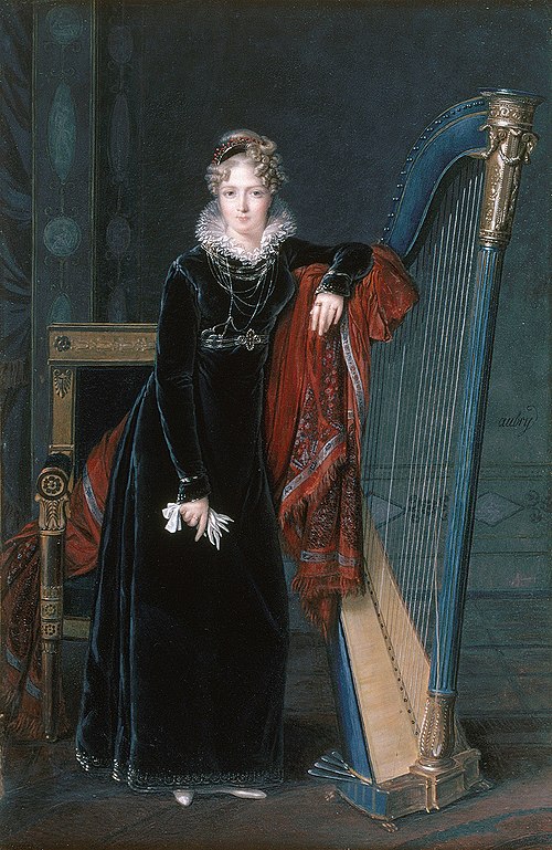 Portrait en pied d'une jeune femme blonde, en robe de velours noir accoudée à une harpe, , Louis-François Aubry