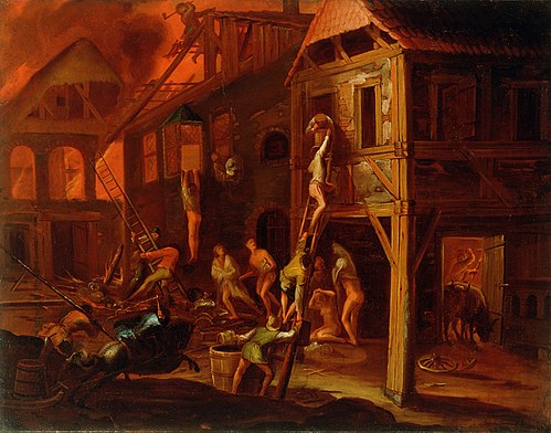 Fire in a Village, 1700, Gillis van Valckenborch