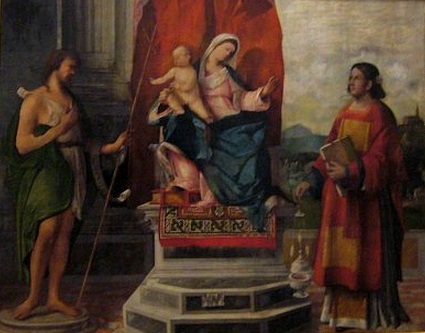 Madonna and Child enthroned with St. John the Baptist and St. Stephen, 1524, Giovanni Buonconsiglio