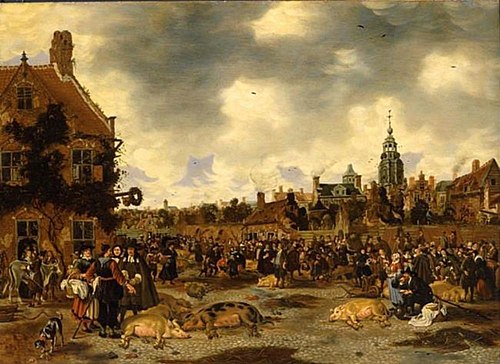 Pig Market near St Jacob's Church in the Hague, 1668, Sybrand van Beest
