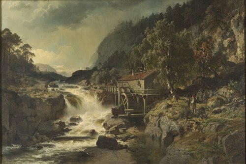 Rocky Landscape with Waterfall and Watermill, Småland, 1862, Johan Edvard Bergh