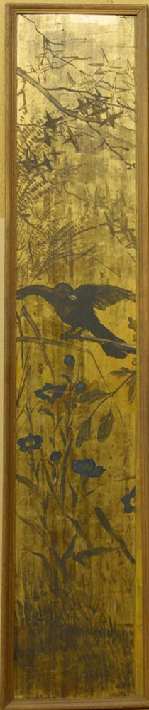 Een van twee stillevens met beschildering van bloemen, takken en een kraai, 1878, Christoffel Bisschop